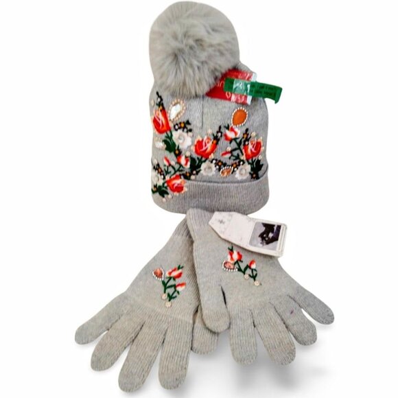 Vibrant Grey Knit Orange Floral Embroidered Crystal Beanie & Glove Set TT1550 - Picture 1 of 6